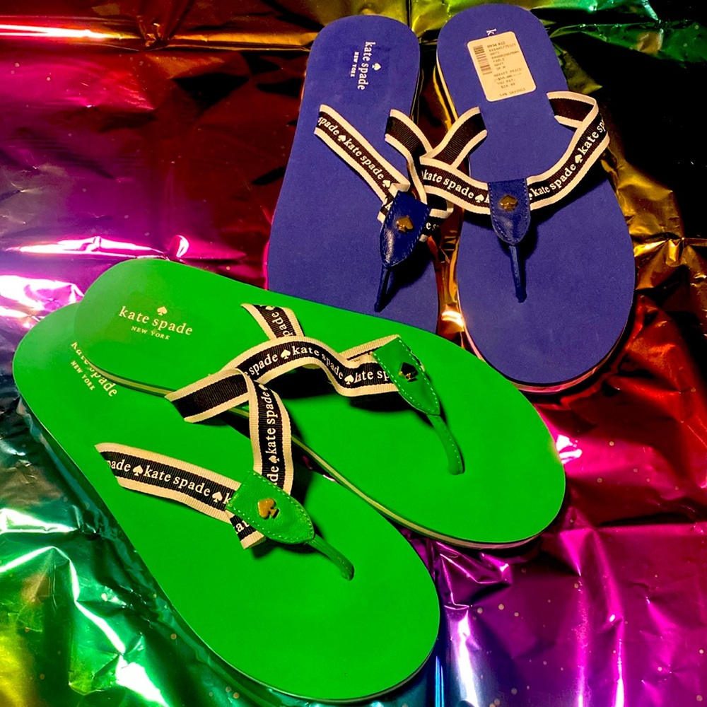 Kate Spade thong flip flops, one Kelly green pair, one Royal blue pair.